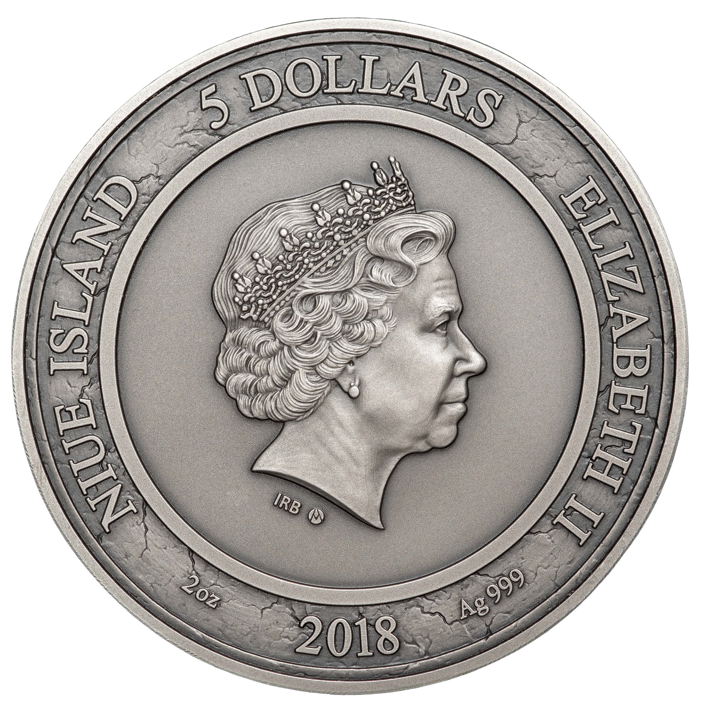 Niue 5 Dollars 2018 Silver 999. 2oz Ø50mm Antique Finish :: CARPE DIEM with sand Hourglass - Image 2