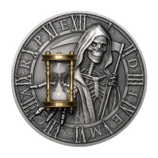 Niue 5 Dollars 2018 Silver 999. 2oz Ø50mm Antique Finish :: CARPE DIEM with sand Hourglass