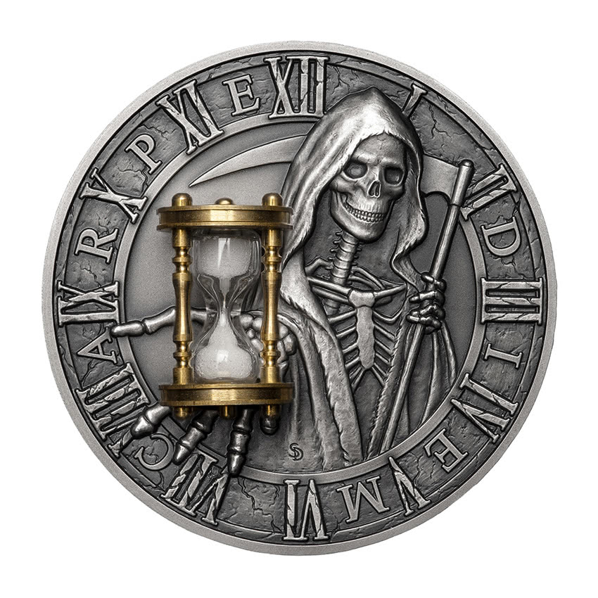 Niue 5 Dollars 2018 Silver 999. 2oz Ø50mm Antique Finish :: CARPE DIEM with sand Hourglass