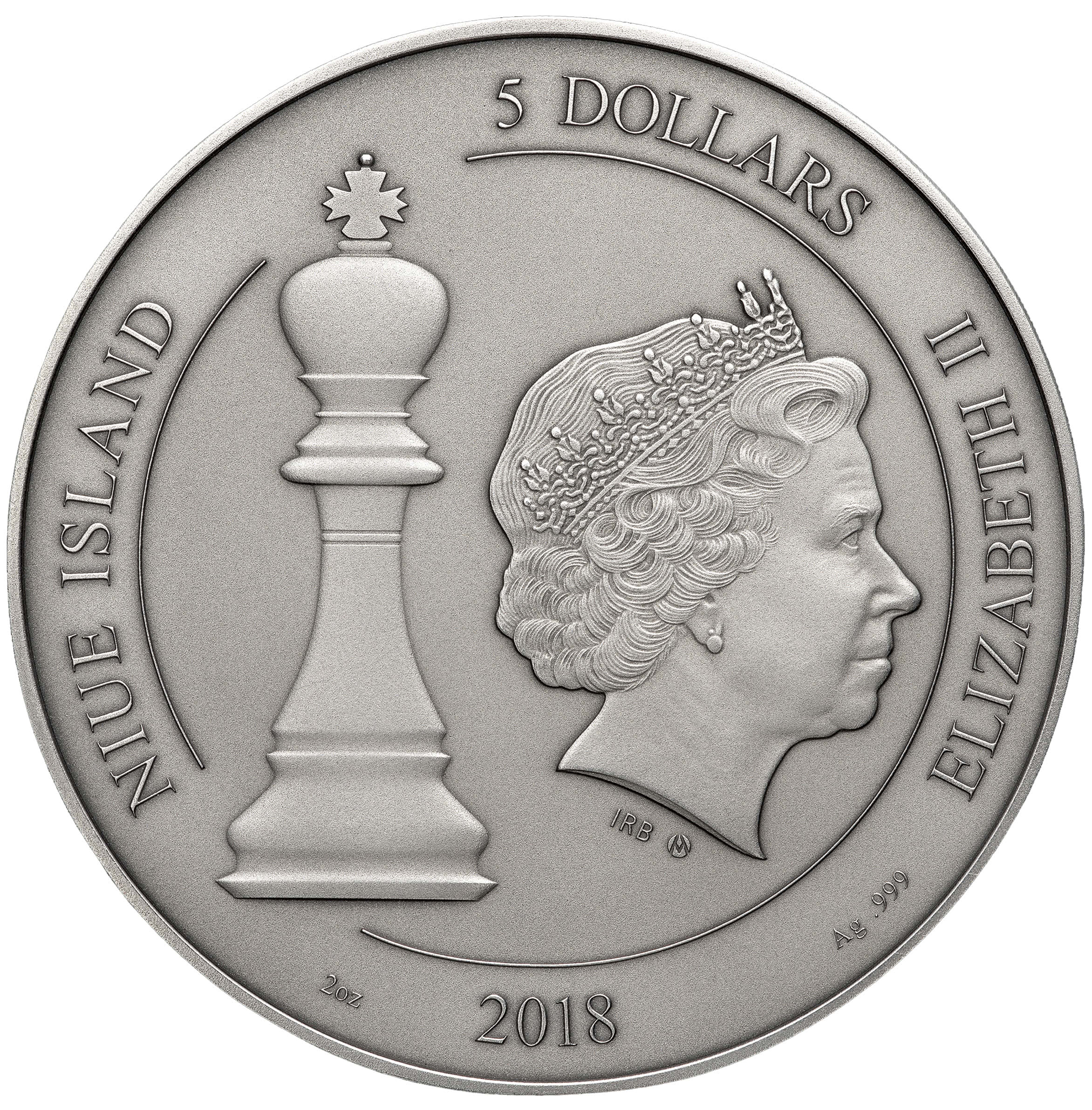 Niue 5 Dollars 2018 Silver 999. 2oz Ø63mm Antique Finish :: CHESS COIN - Image 2