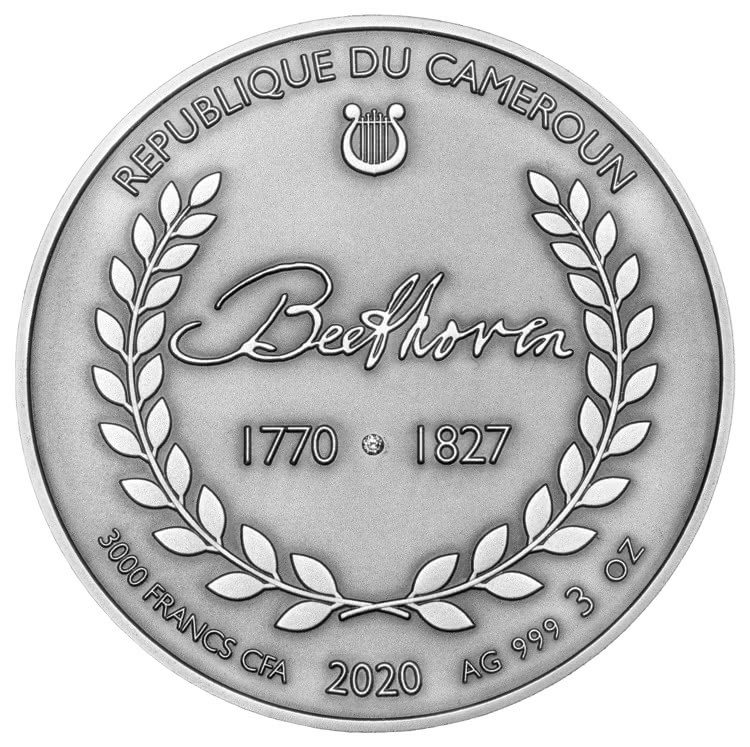 Cameroon 3000 FR 2020 Silver 999. 3oz AF :: BEETHOVEN 250th Anniversary :: w/ true face 3D relief and genuine Diamond - Image 2
