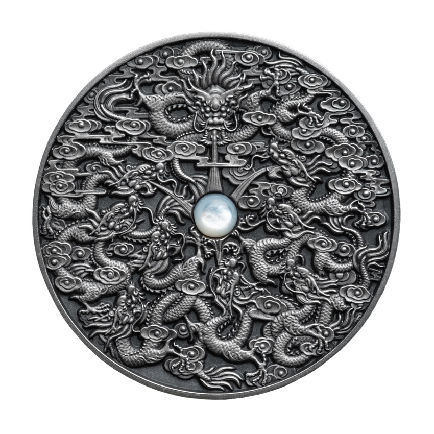 Niue 5 Dollars 2020 Silver 999. 2oz Antique Finish :: NINE DRAGONS Chinese legend