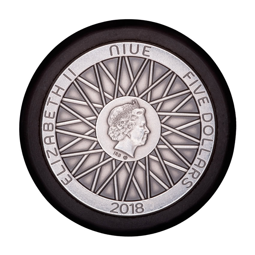 Niue 5$ 2018 Silver 999. 65g Ø40mm Antique Finish :: WHEEL coin with Rubber tire