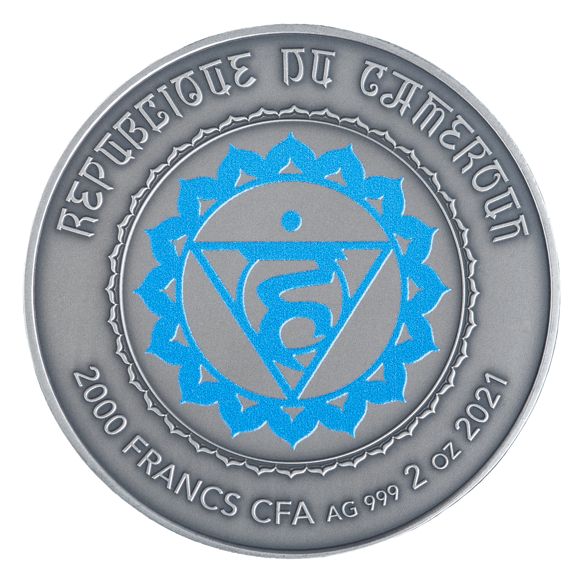 Cameroon 2000 FR 2020 Silver 999. 2oz AF :: The Seven Chakras :: VISHUDDHA - Image 2