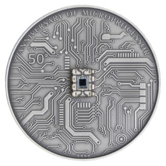 Niue 5 Dollars 2021 Silver 999. 2oz Ø50mm Antique Finish :: MICROCHIP coin with real microprocessor inlay