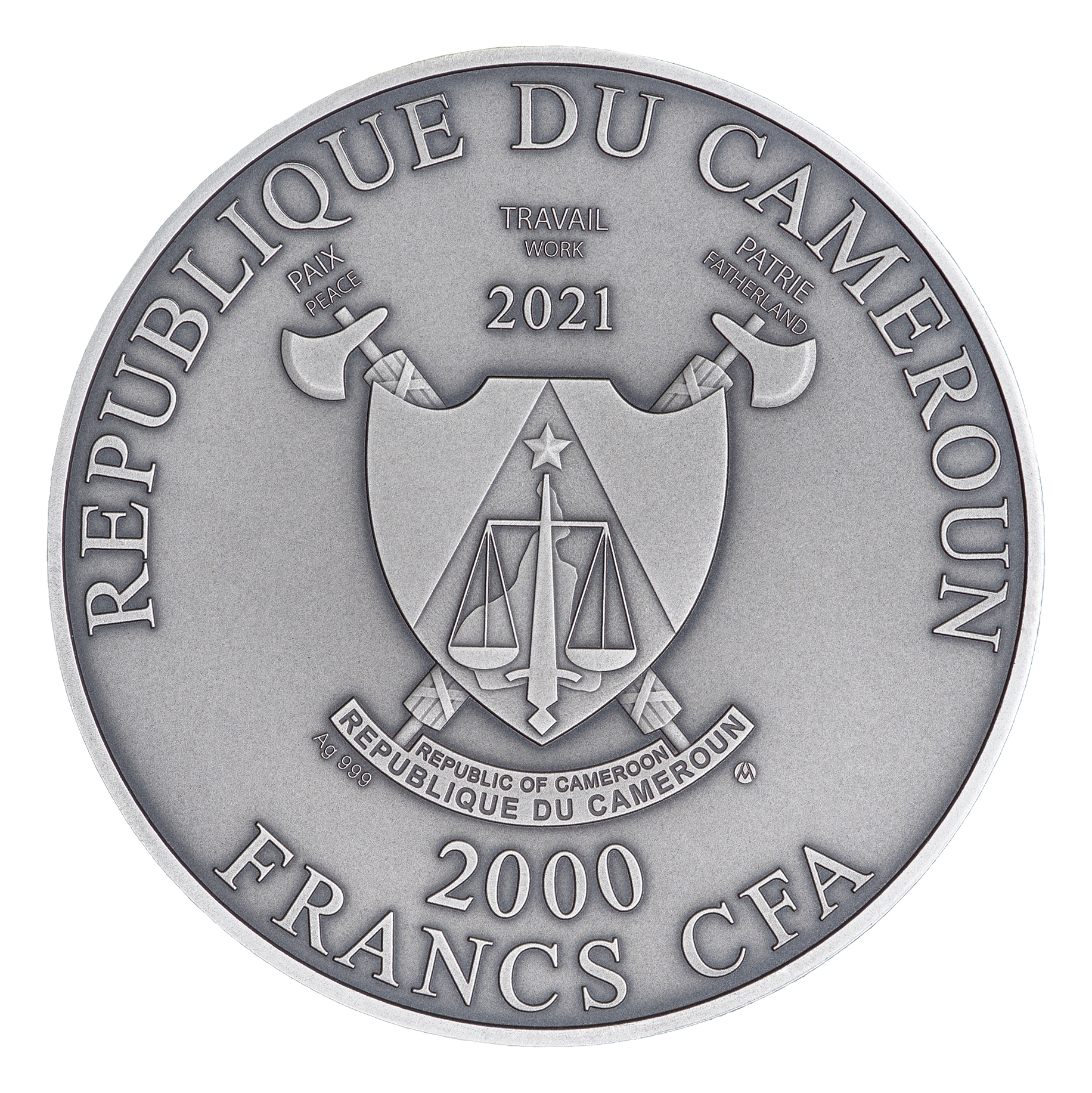 Cameroon 2000 FR 2020 Silver 999. 2oz AF :: ALBRECHT DURER 550th Anniversary :: RHINOCERUS - Image 2