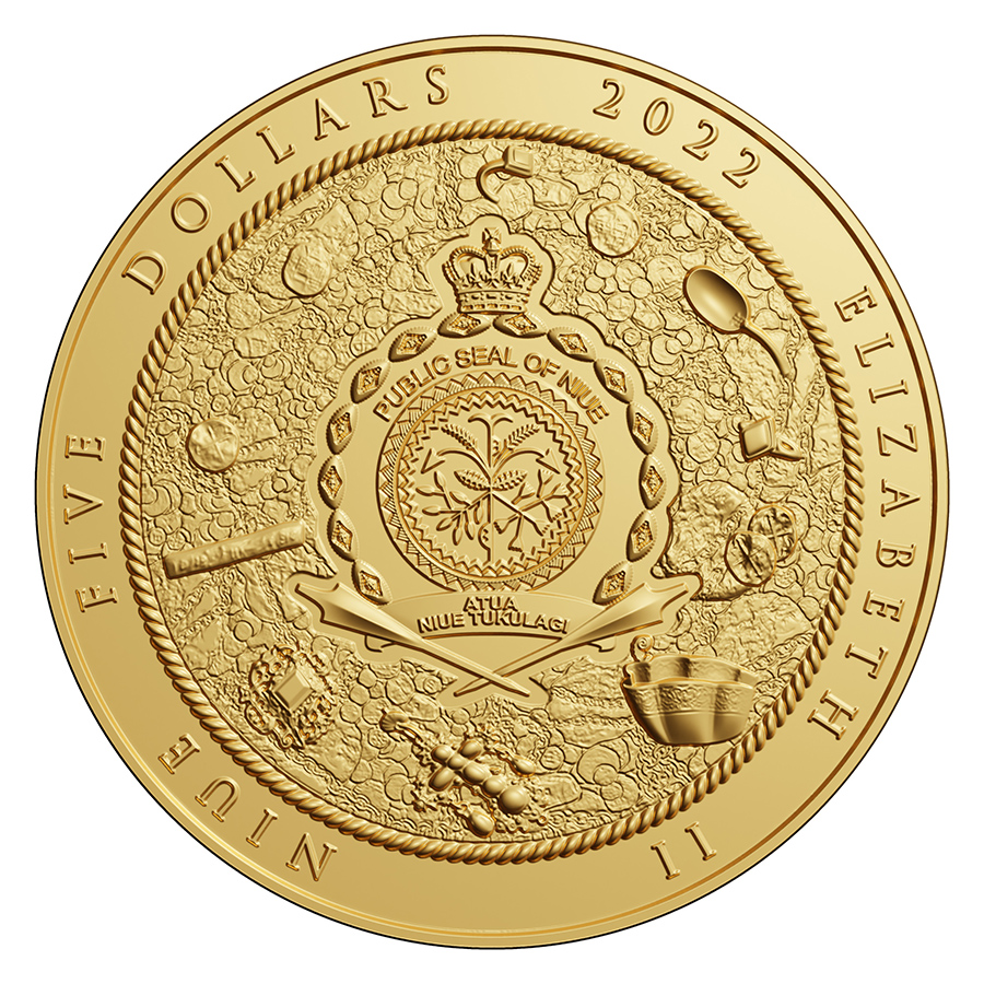 Niue 5 Dollars 2022 Silver 999. 2oz Ø50mm GOLD plated :: NUESTRA SENORA DE ATOCHA with silver treasure inlay! - Image 2