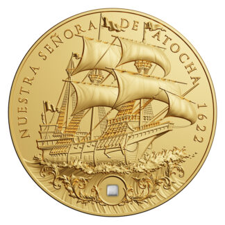 Niue 5 Dollars 2022 Silver 999. 2oz Ø50mm GOLD plated :: NUESTRA SENORA DE ATOCHA with silver treasure inlay!