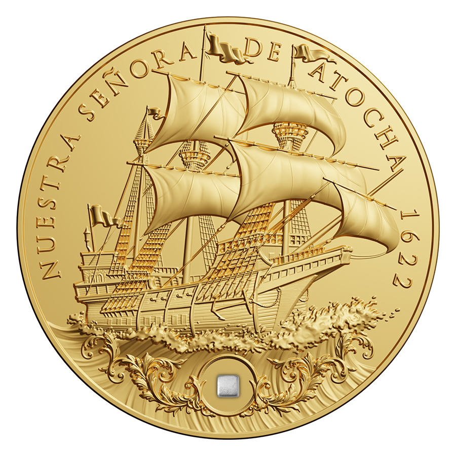 Niue 5 Dollars 2022 Silver 999. 2oz Ø50mm GOLD plated :: NUESTRA SENORA DE ATOCHA with silver treasure inlay!